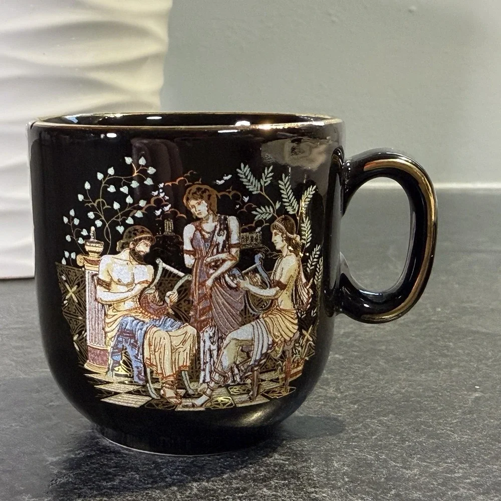 Fakiolas Black & 24K Gold Demitasse Cup and Saucer‎ Handmade In Greece EUC